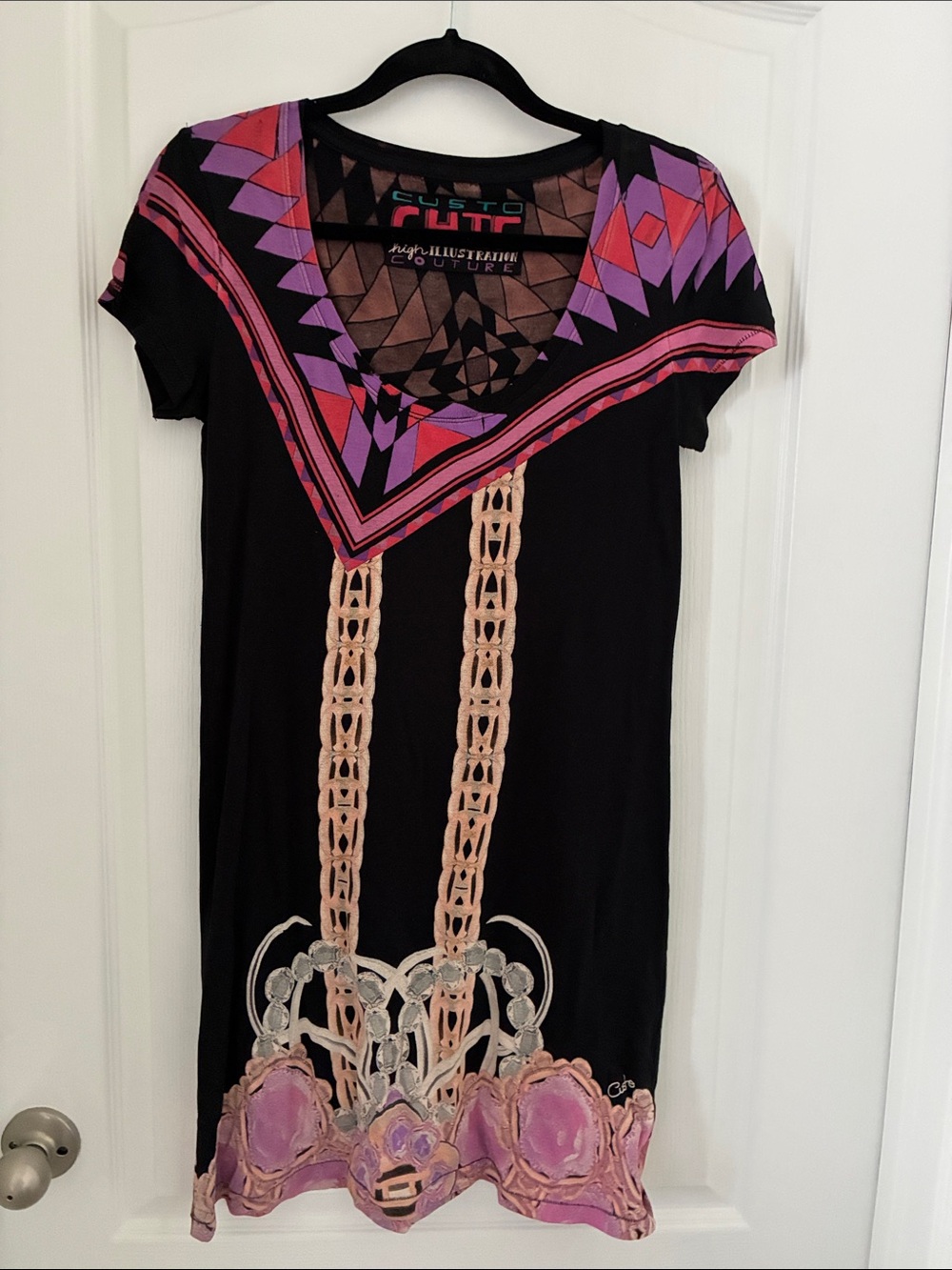 Custo Barcelona Black Tunic with Purple and Pink Geometric Accents